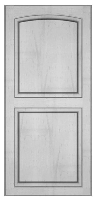 A light gray wooden door with two rectangular panels and an arched top panel.