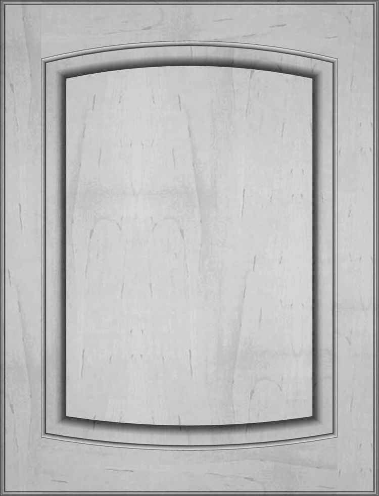 Light-colored, recessed cabinet door with arched top and rectangular center panel.