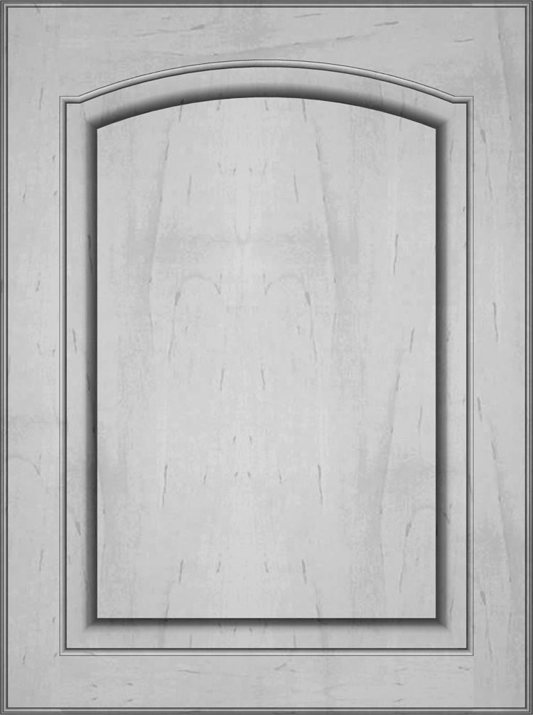 Gray kitchen cabinet door with arched top detail.