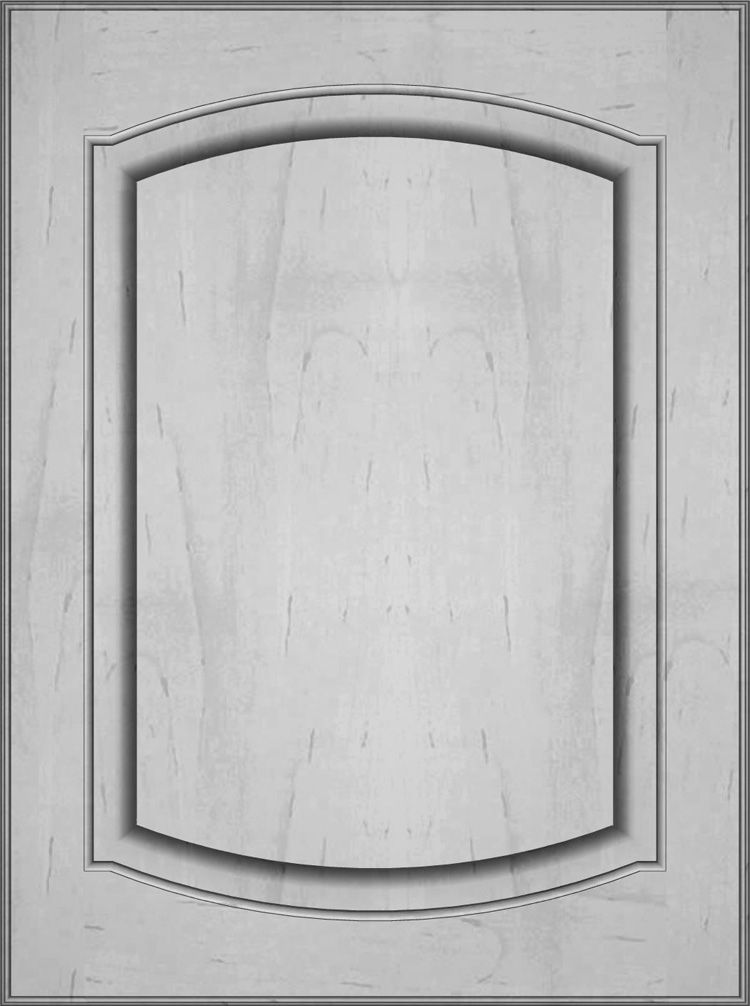 Gray kitchen cabinet door with arched top detail.