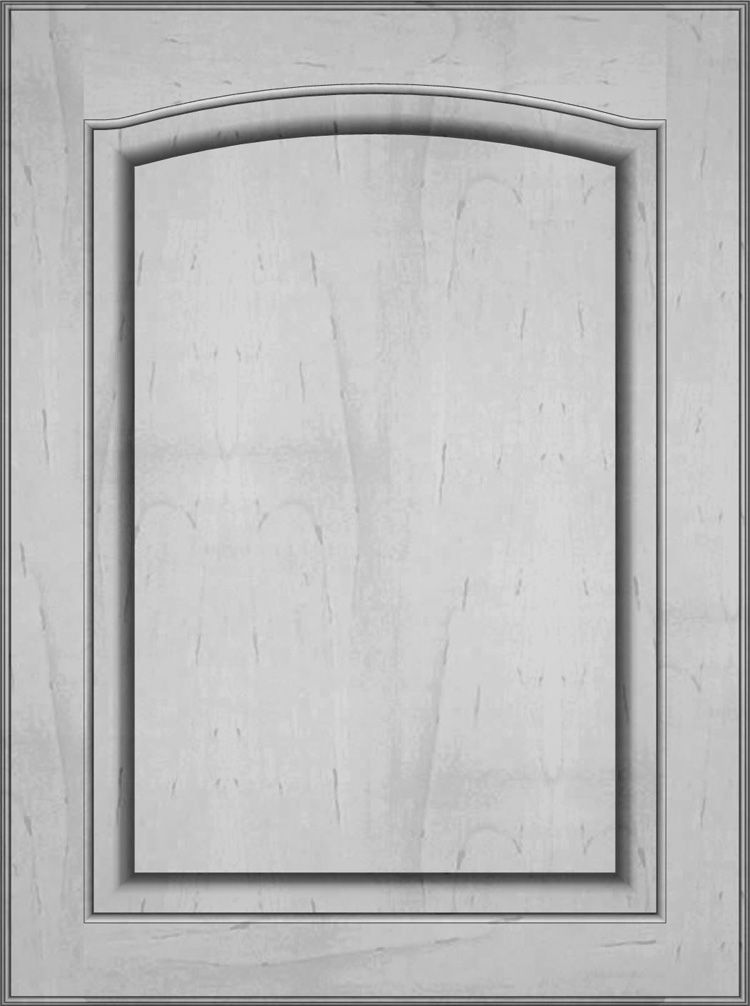 Light wood kitchen cabinet door with raised center panel and arched top.