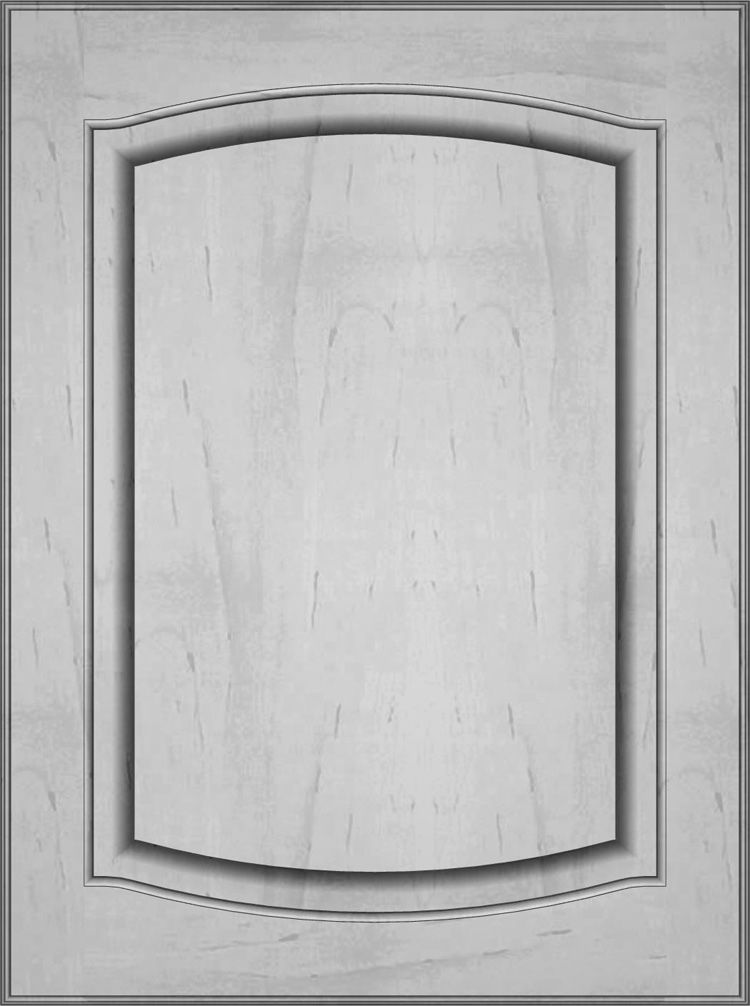 Cabinet door with a light wood grain finish, featuring a raised panel with rounded edges.