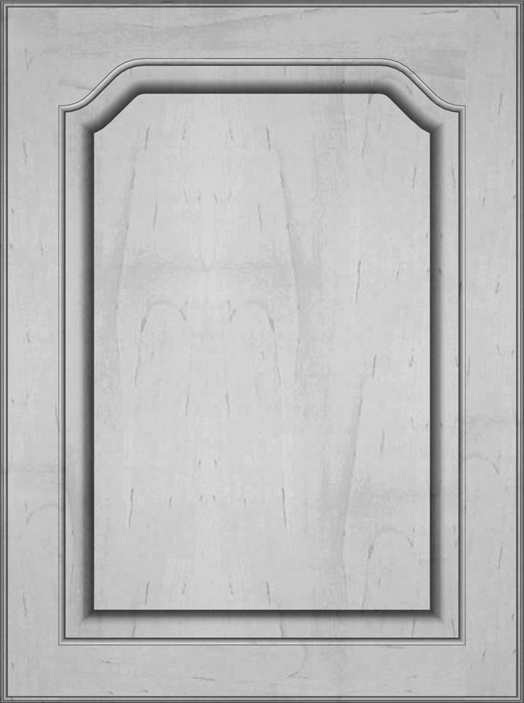 Wooden cabinet door with a raised center panel and decorative edges.