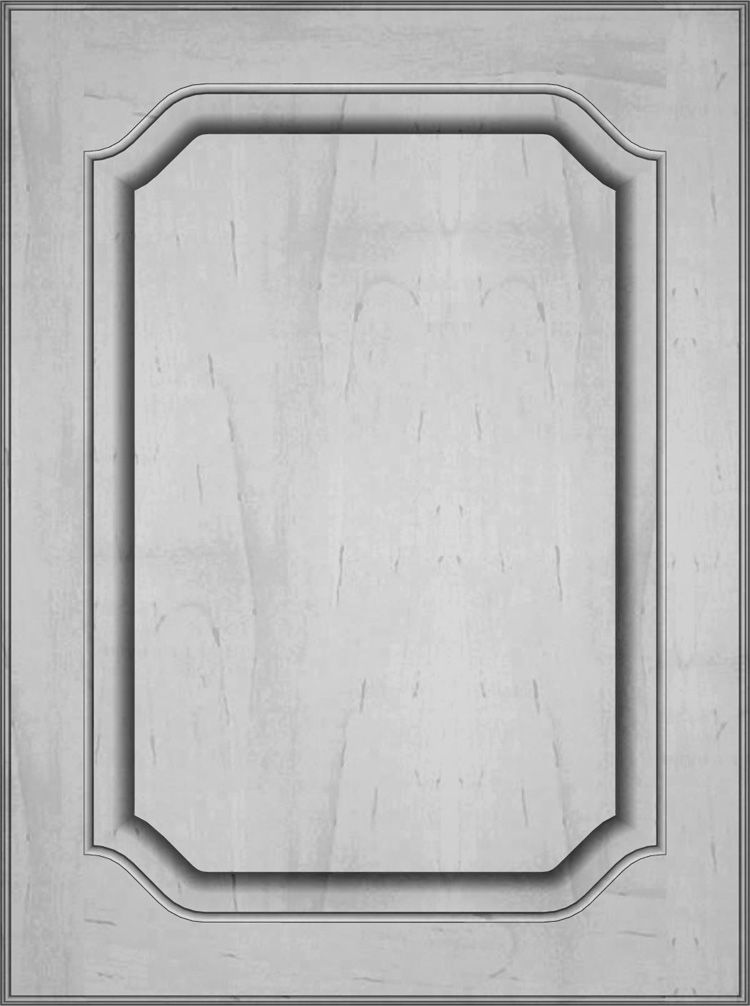 Cabinet door with light wood grain, a raised panel, and decorative edge.