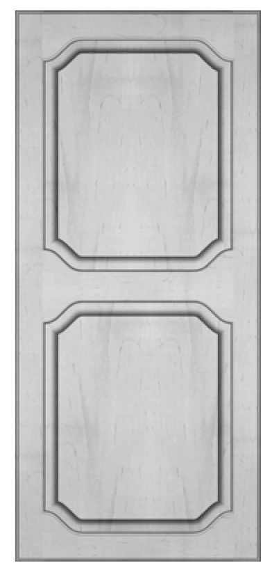 A light-colored wooden door with two rectangular panels, each framed with a decorative border.