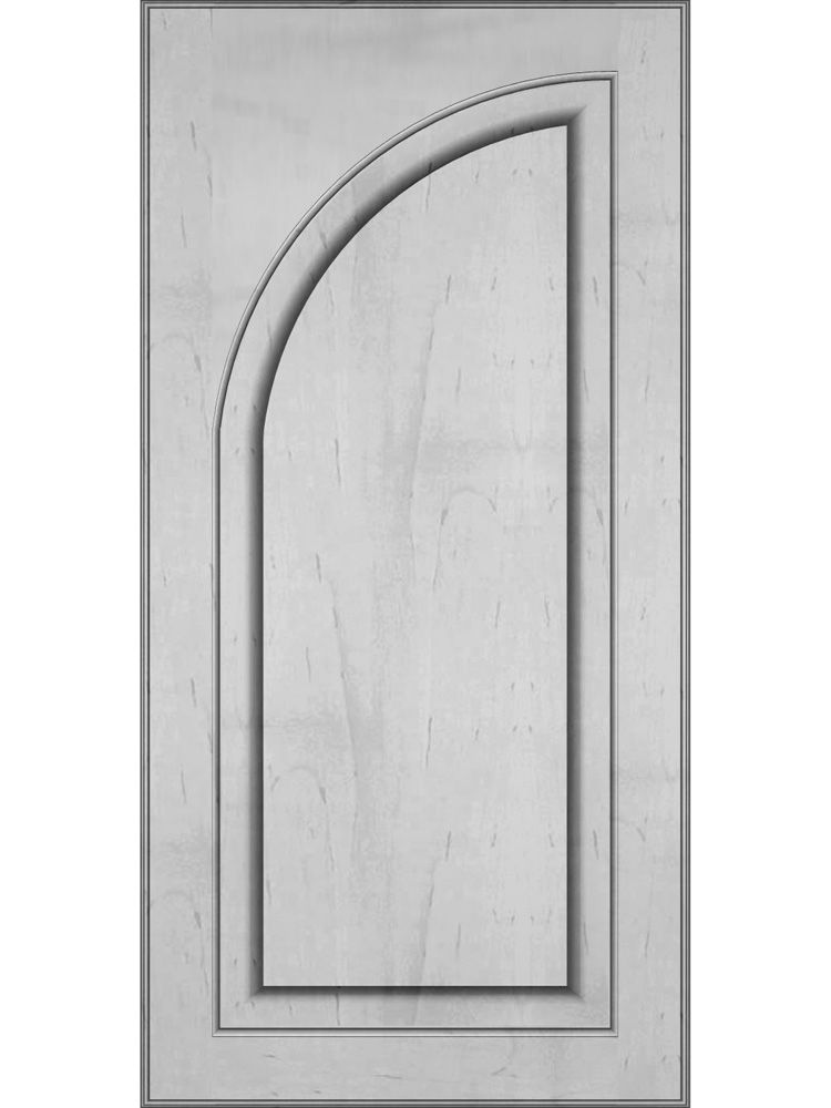 A light gray cabinet door with an arched panel design.