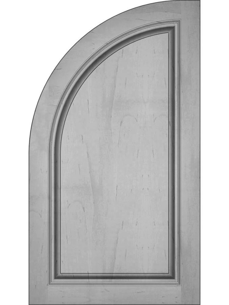 Wood cabinet door with a quarter-circle arch top and recessed panel.