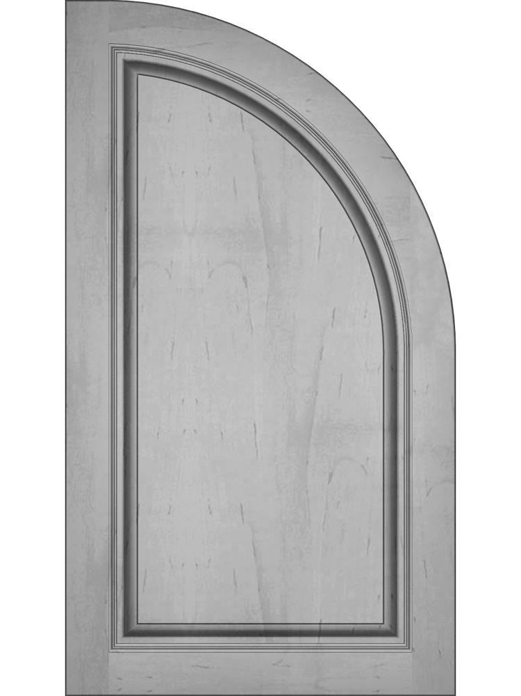 Wooden cabinet door with arched top. Light gray, flat surface within a raised frame.