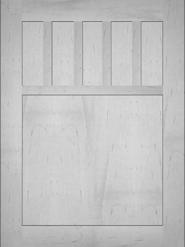 Wood door with five vertical panels above a large rectangular panel.