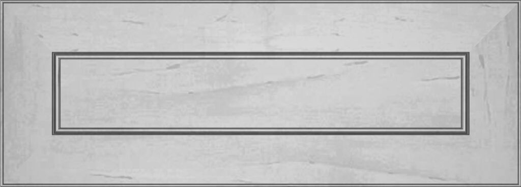 A rectangular, white cabinet door with a framed rectangular inset.