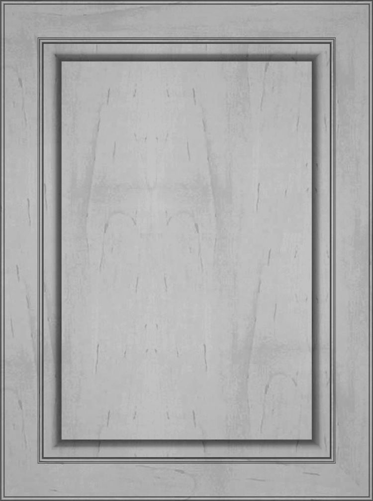 Gray kitchen cabinet door with a raised panel and decorative trim.