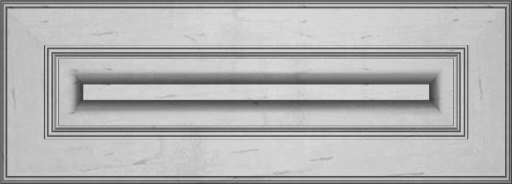 Gray cabinet door with a rectangular recessed panel.