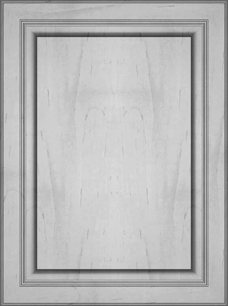 Gray cabinet door with raised panel and molded frame.