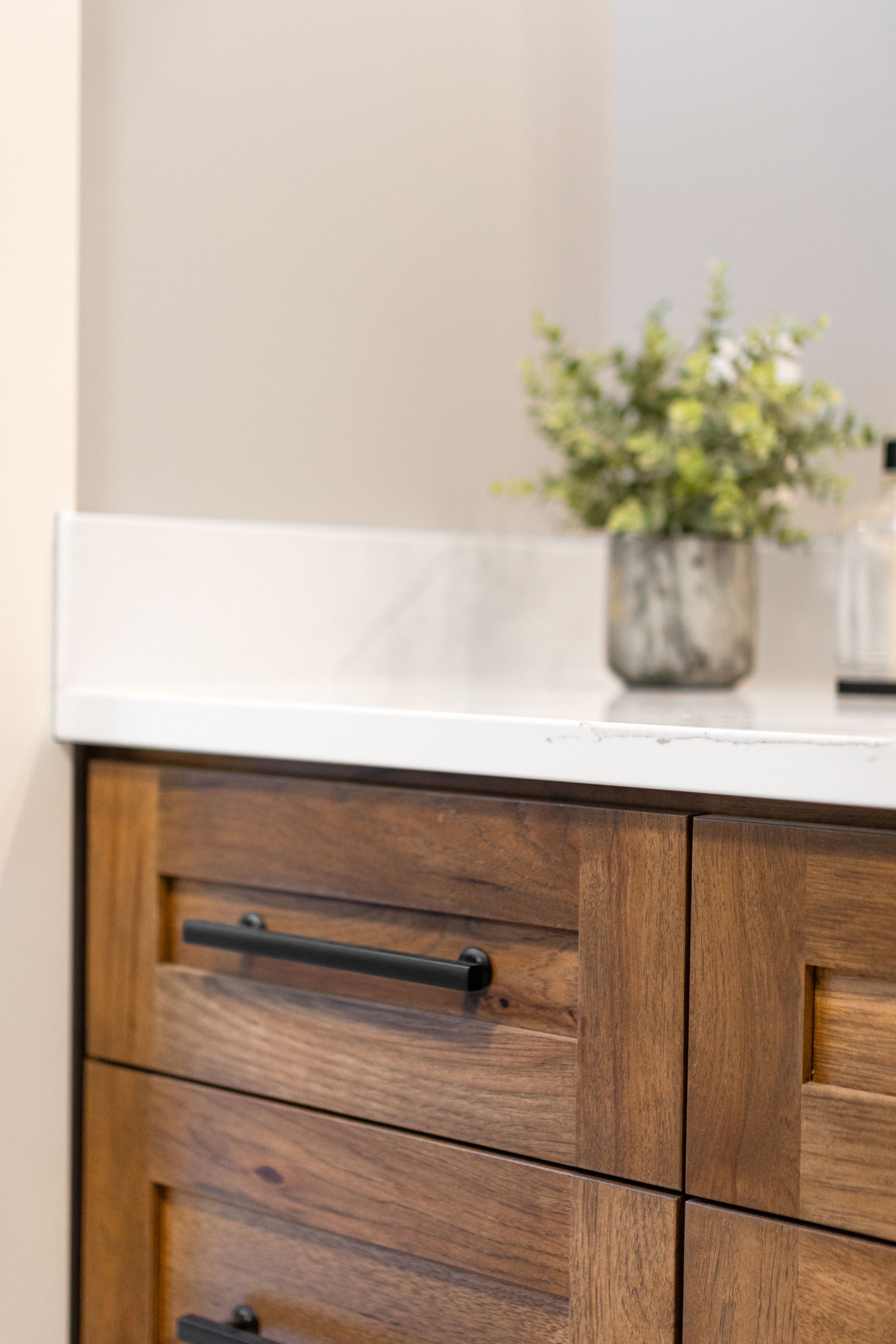 Wooden bathroom vanity with black handles, white countertop, and potted plant.