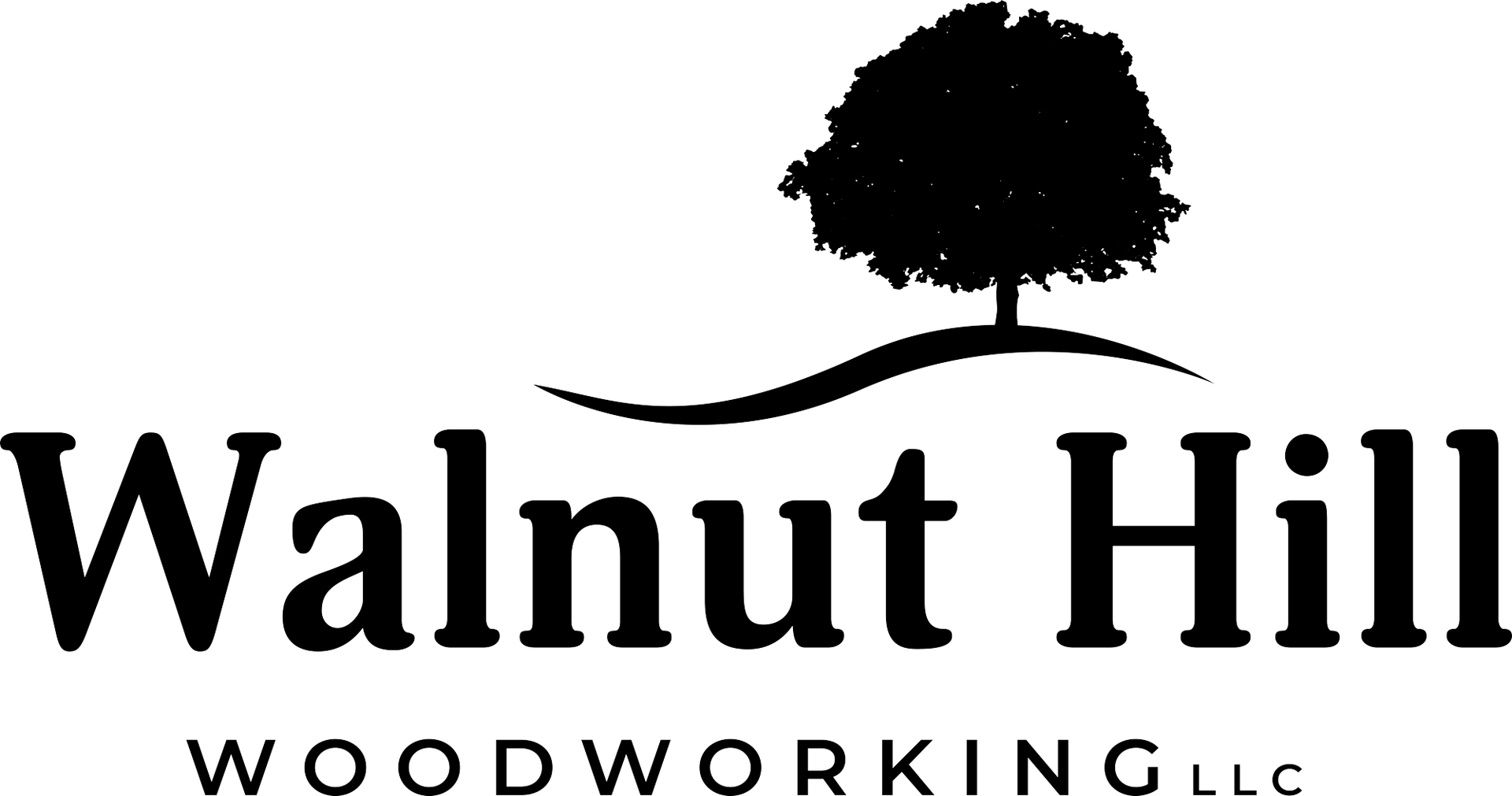 Logo for Walnut Hill Woodworking: text under a silhouette tree and a curved line.