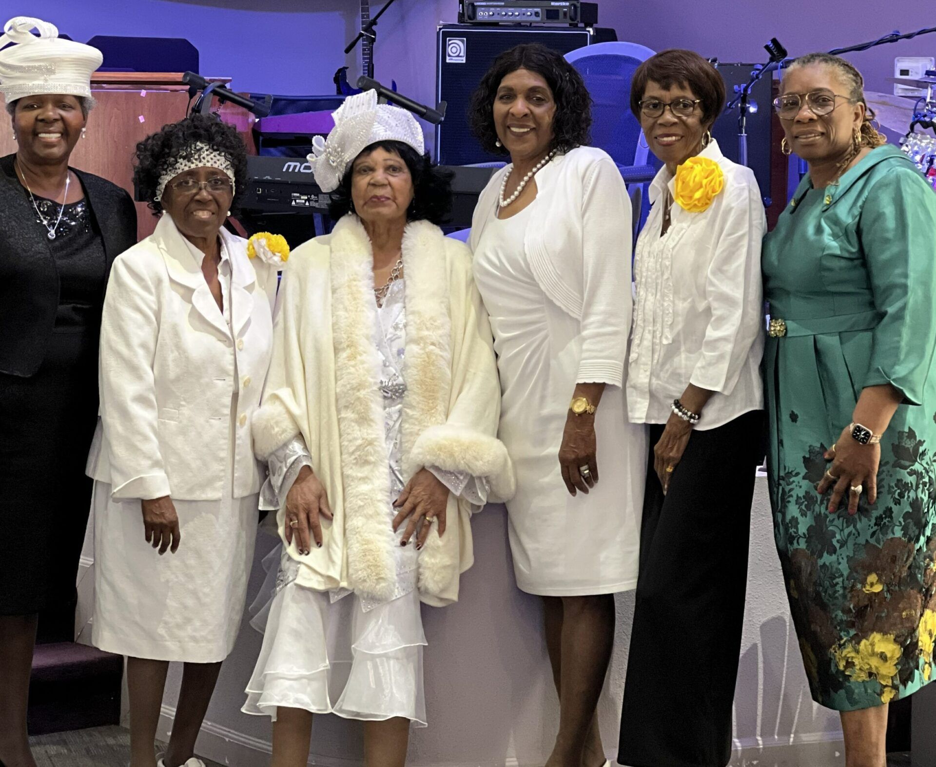 Six people stand in a row smiling in an indoor setting, wearing elegant formal attire in shades of white, black, and green.
