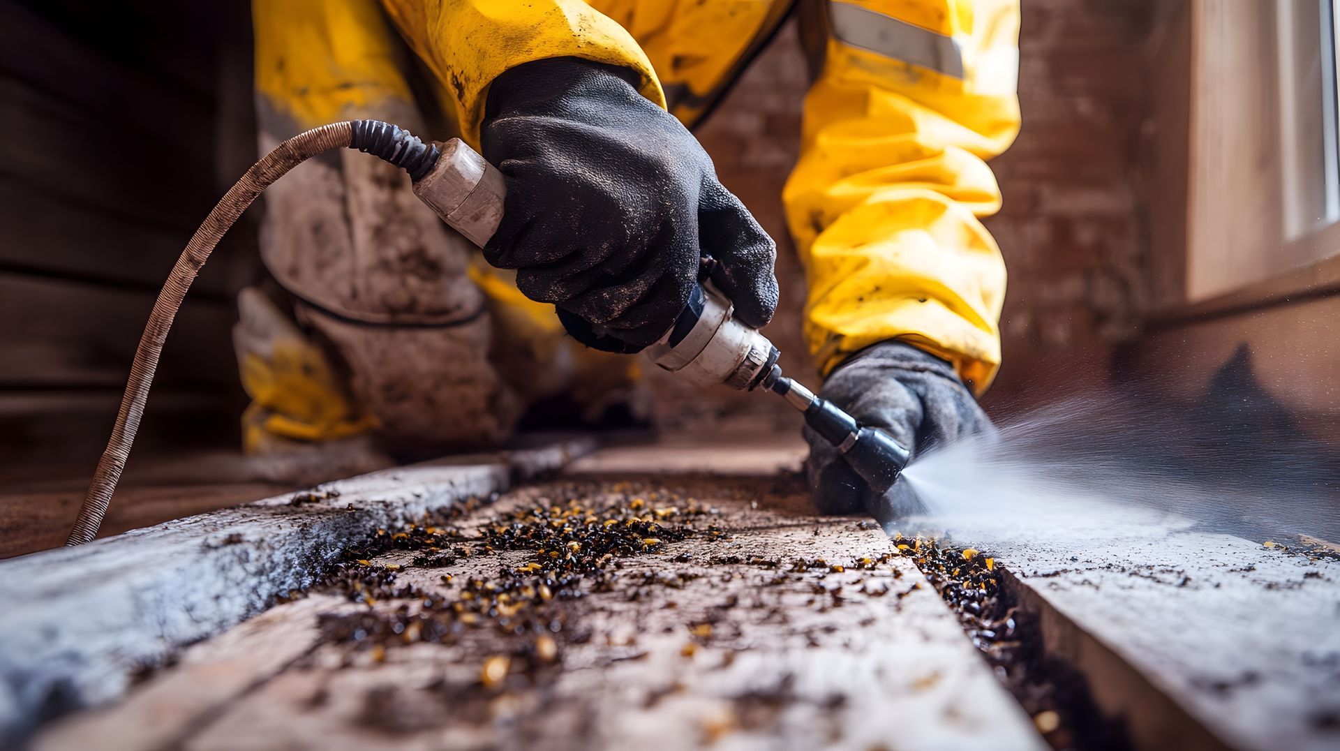 Person in yellow hazmat suit using a power washer on a wooden floor, spraying water.