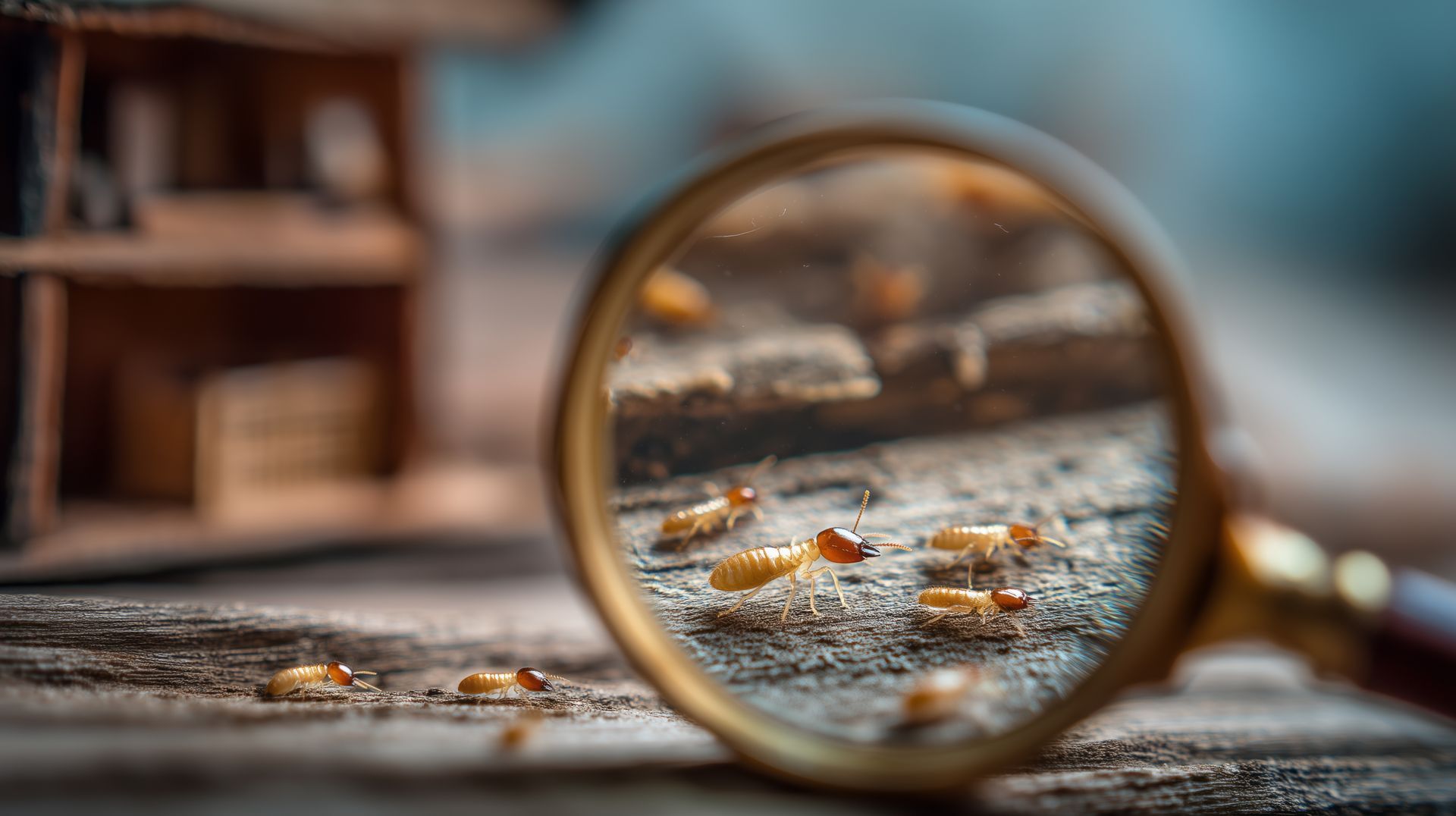 Magnifying glass reveals termites on wood surface, miniature house in background.