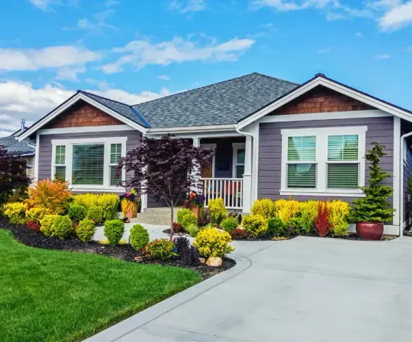 A purple house with a concrete driveway and a lush green lawn.