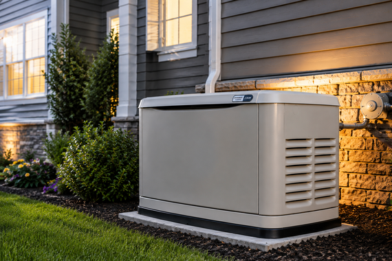 Home standby generator beside a house, lit at dusk, with brick and siding exterior.