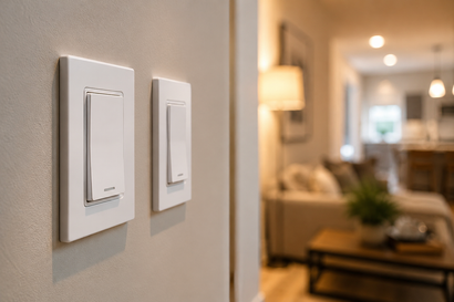 Two white light switches on a beige wall, with a softly blurred living room in the background.