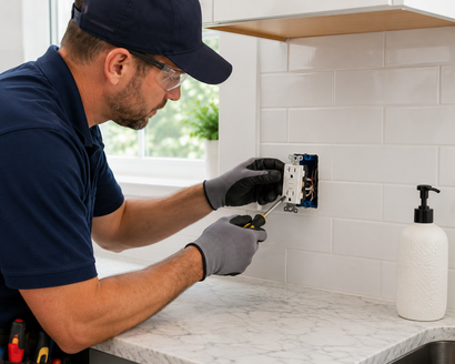 Electrician installing an outlet in a white-tiled kitchen backsplash.