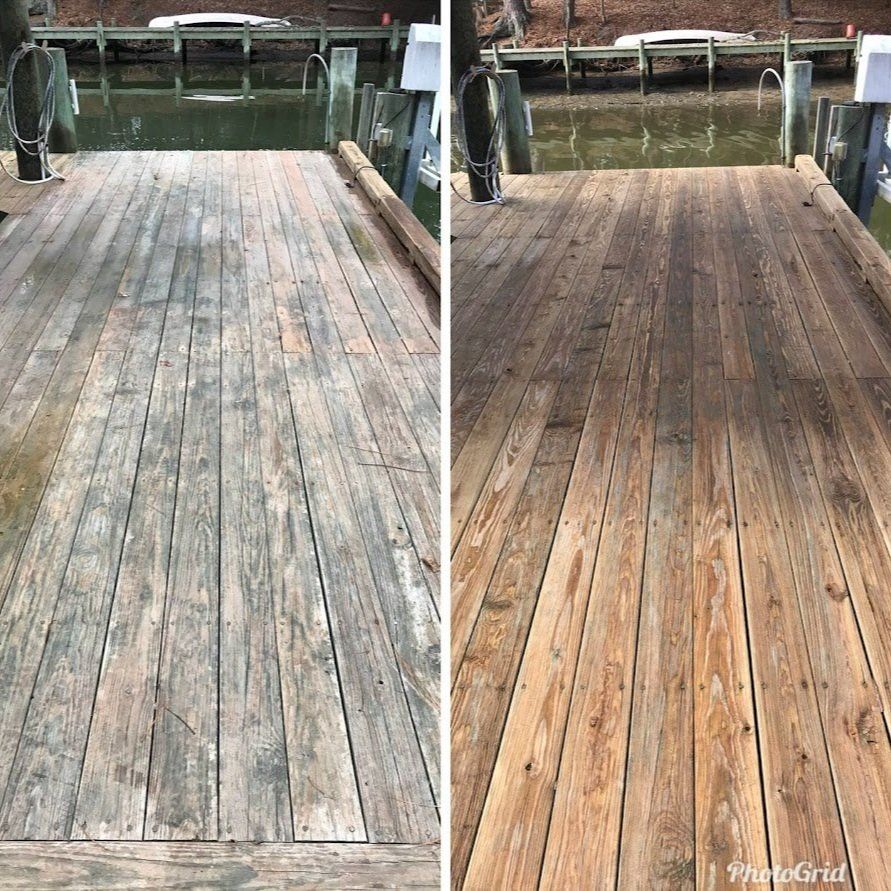 A before and after photo of a wooden deck
