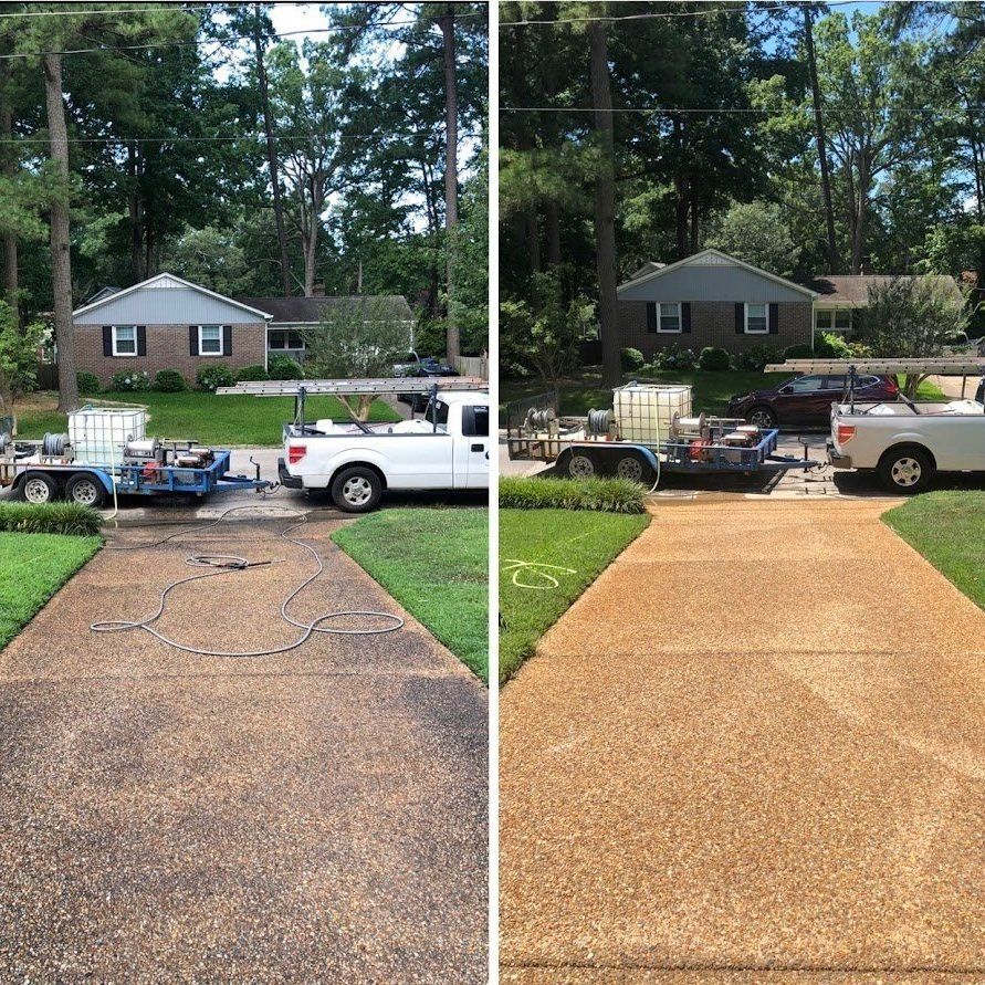 A before and after picture of a driveway being cleaned.
