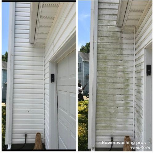 A before and after picture of a white house with moss on it.