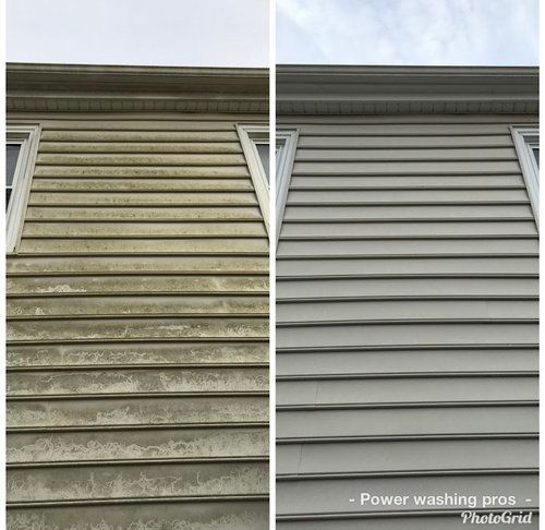A before and after picture of a house 's siding being cleaned.