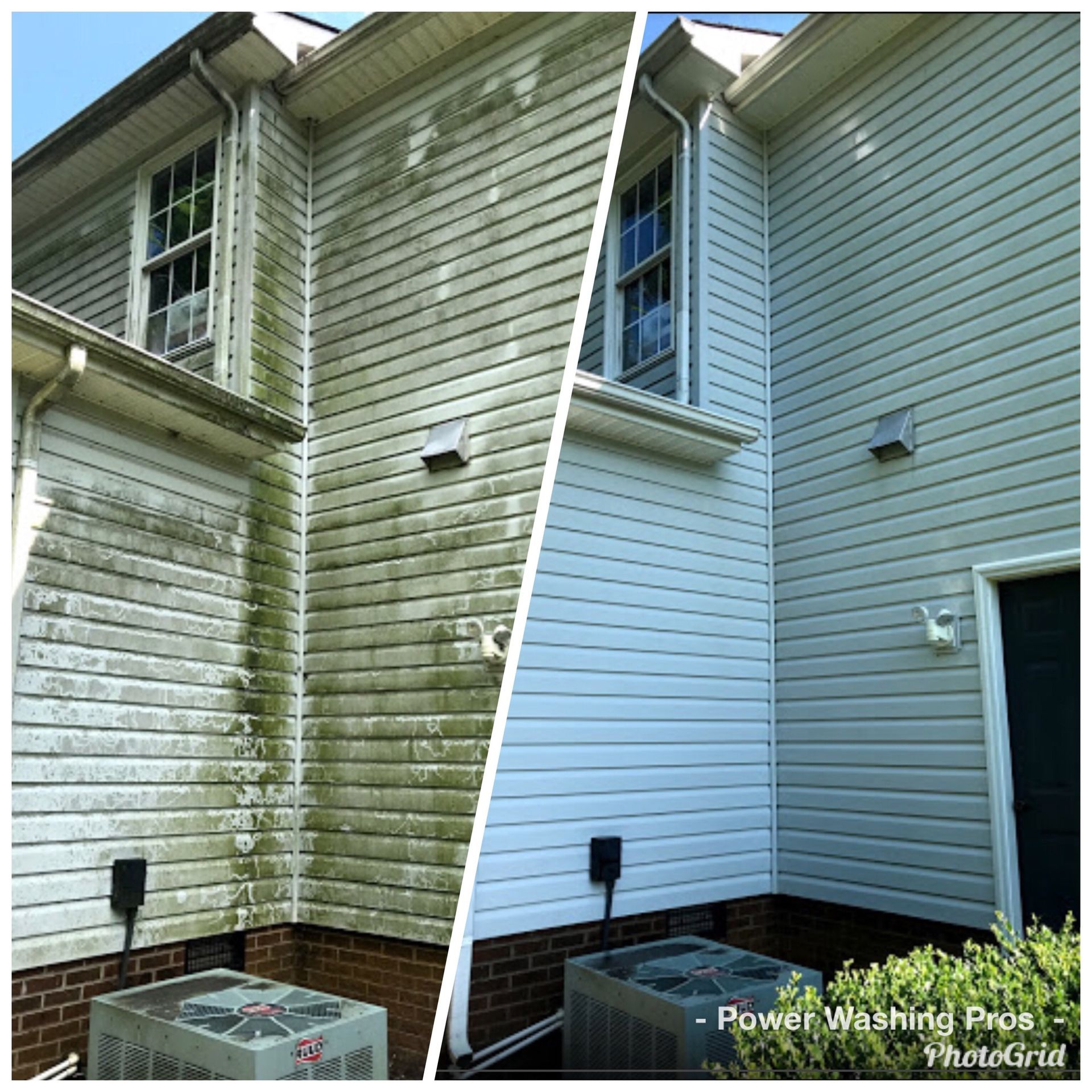 A before and after photo of a house 's siding being cleaned.