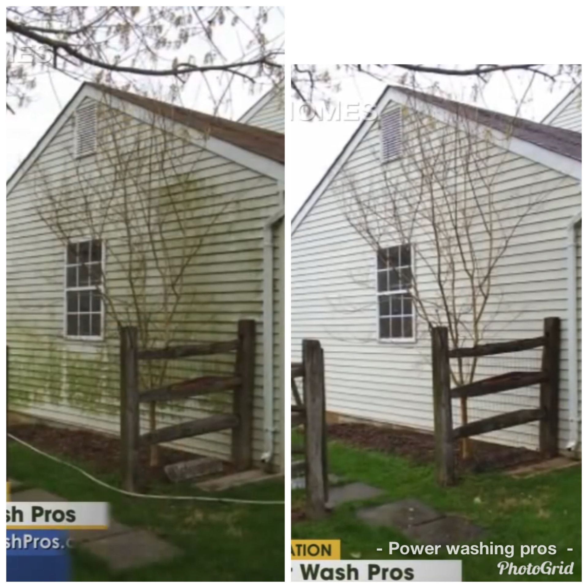 A picture of a house before and after being cleaned by wash pros