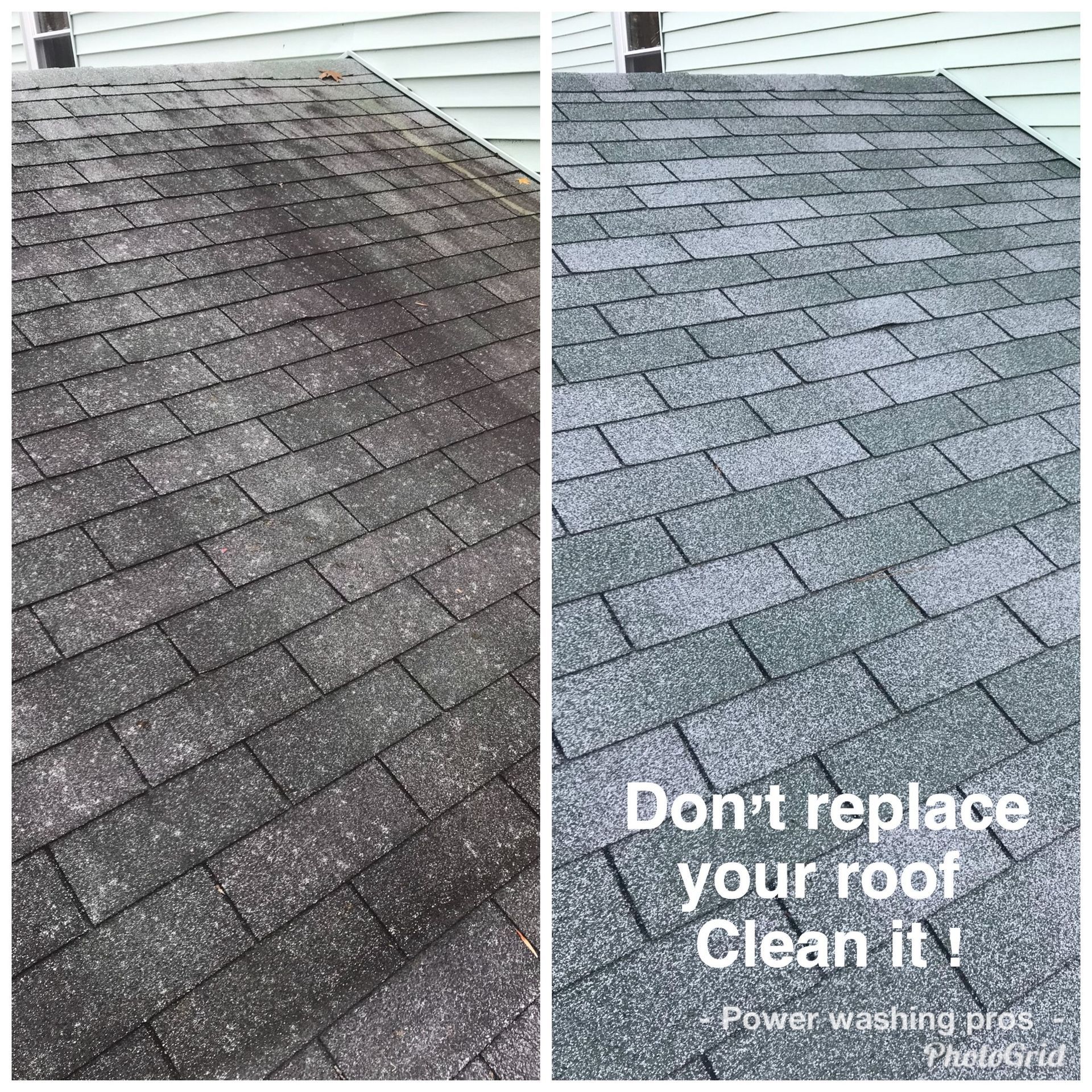 A picture of a roof before and after being cleaned.