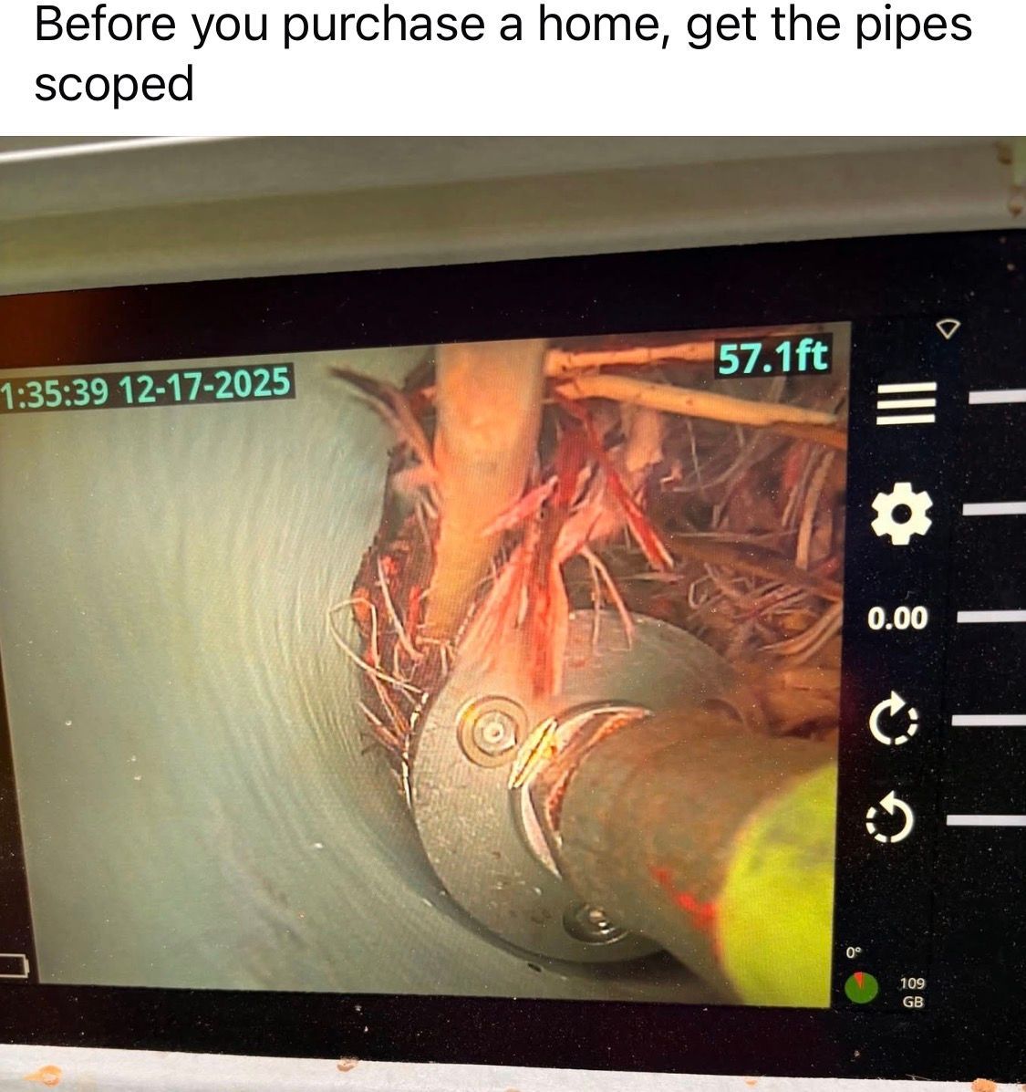 A camera view inside a pipe, obstructed by roots and debris. Text says "Before you purchase a home, get the pipes scoped".