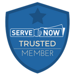 A blue shield with the words `` serve now trusted member '' on it.