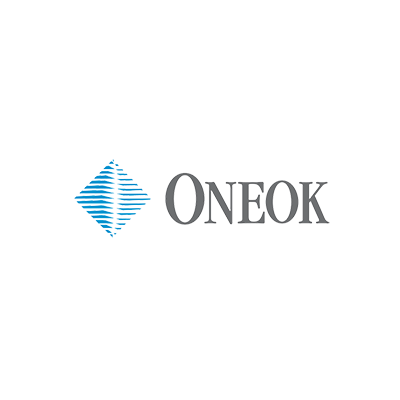 A logo for oneok with a blue diamond on a white background