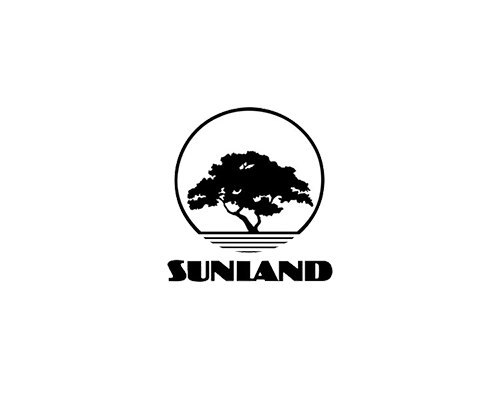 A black and white logo for sunland with a tree in a circle.