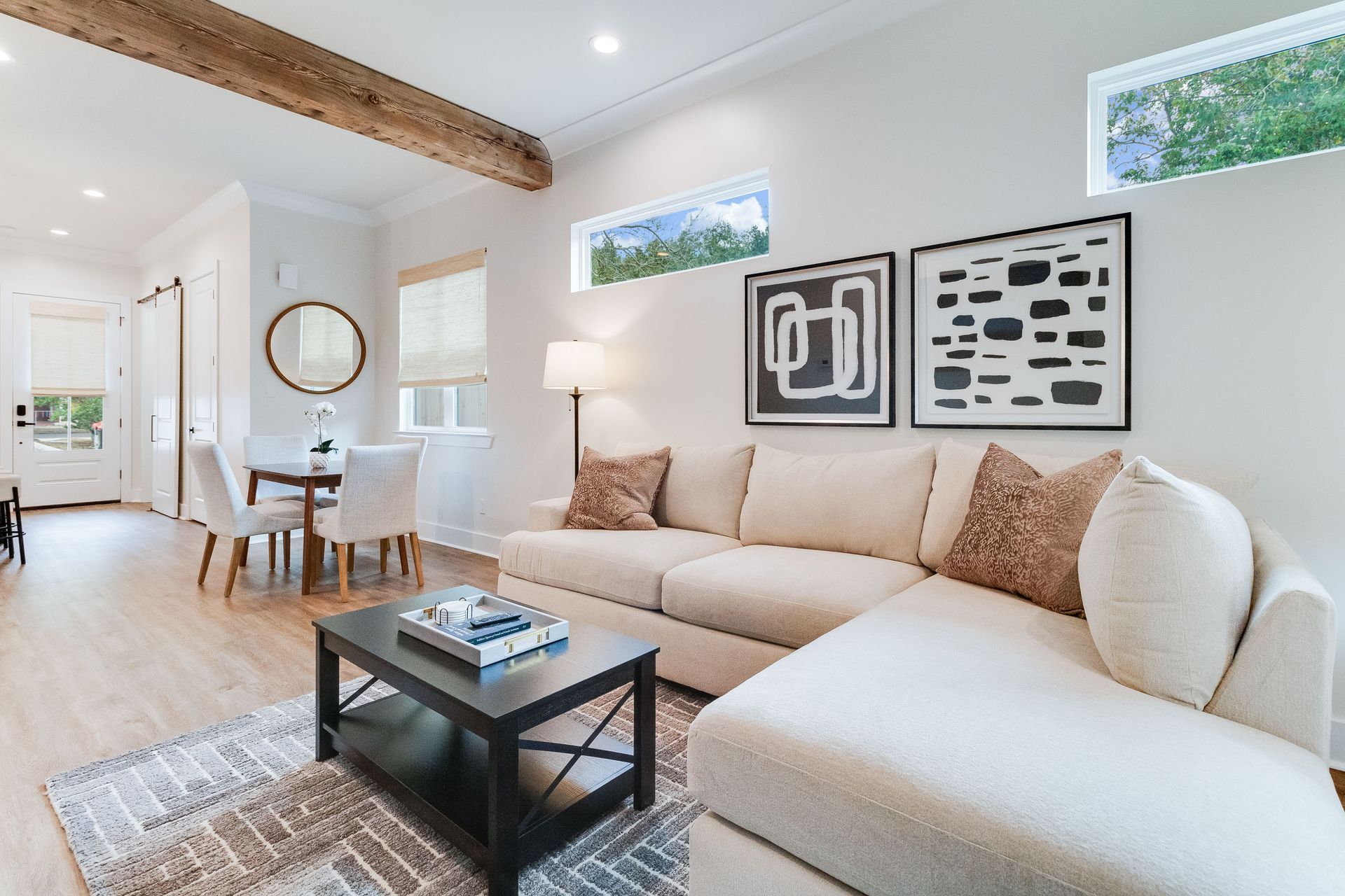 A living room with a couch and a coffee table