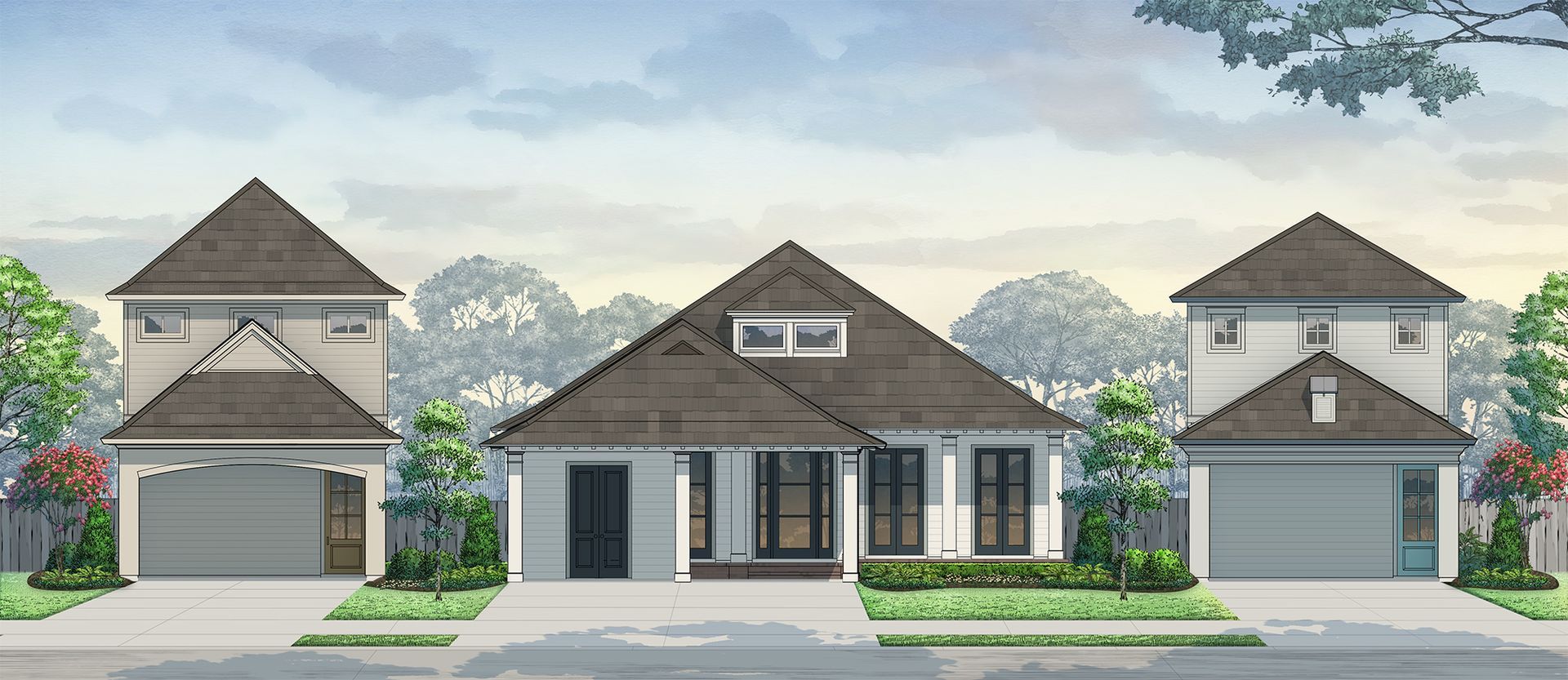 An artist 's impression of a row of houses with garages.