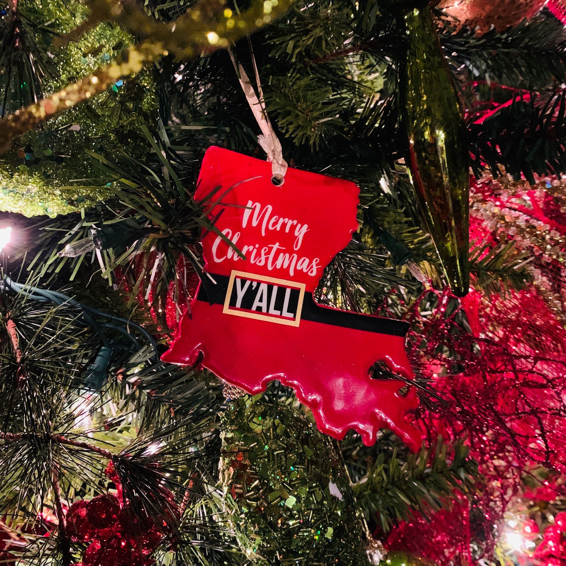 Louisiana “Merry Christmas Y’all” ornament on a Christmas tree