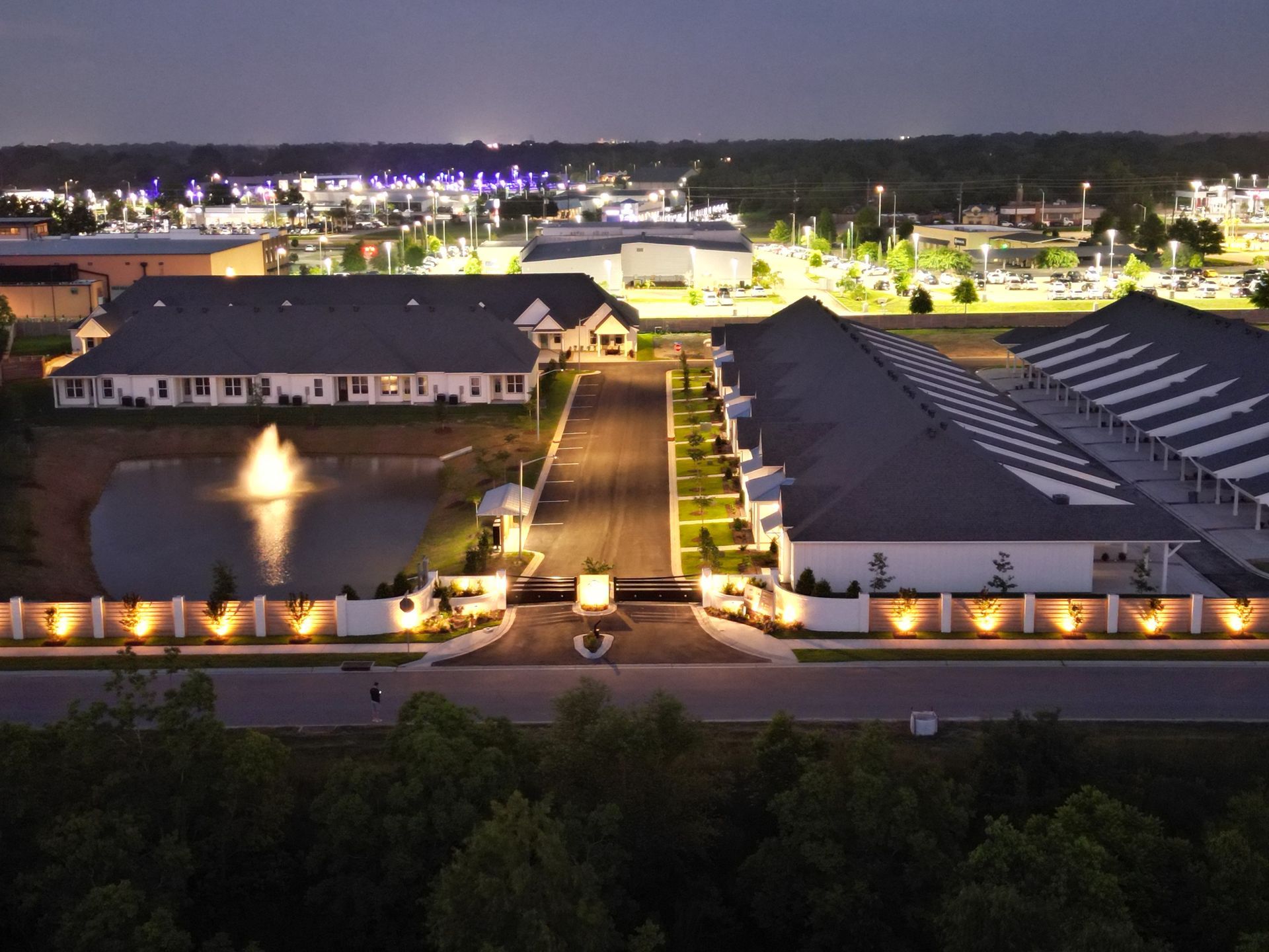 An aerial view of a residential area at night