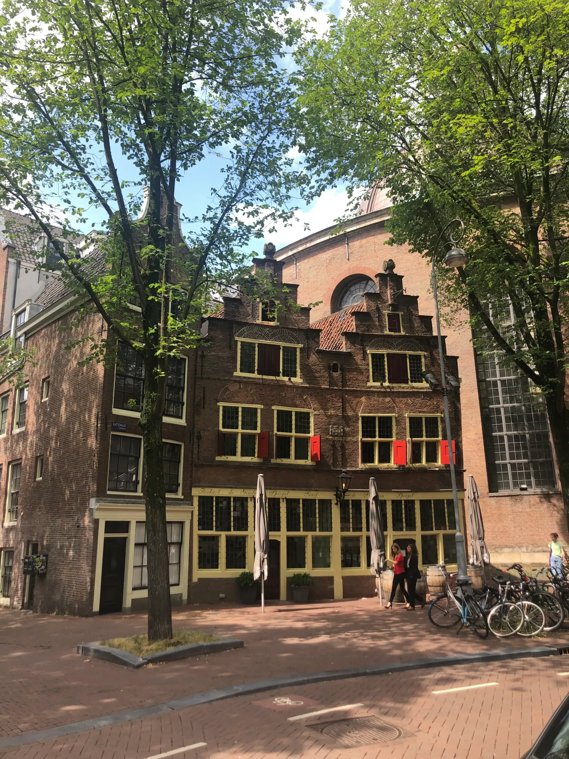 Een bakstenen gebouw met veel ramen en een boom ervoor.