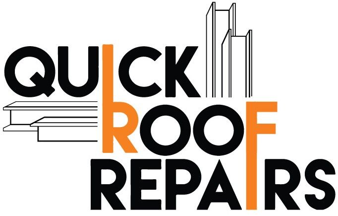 Logo for "Quick Roof Repairs" featuring black and orange text, building-like shapes, and steel beam outlines.