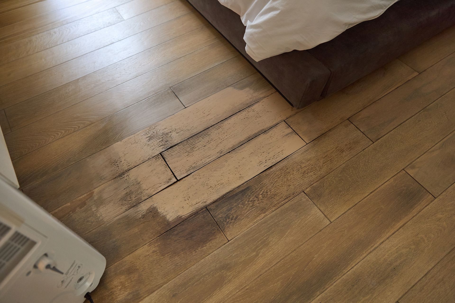 A patch of light-colored, worn wood flooring contrasting against the surrounding darker planks near a bed.