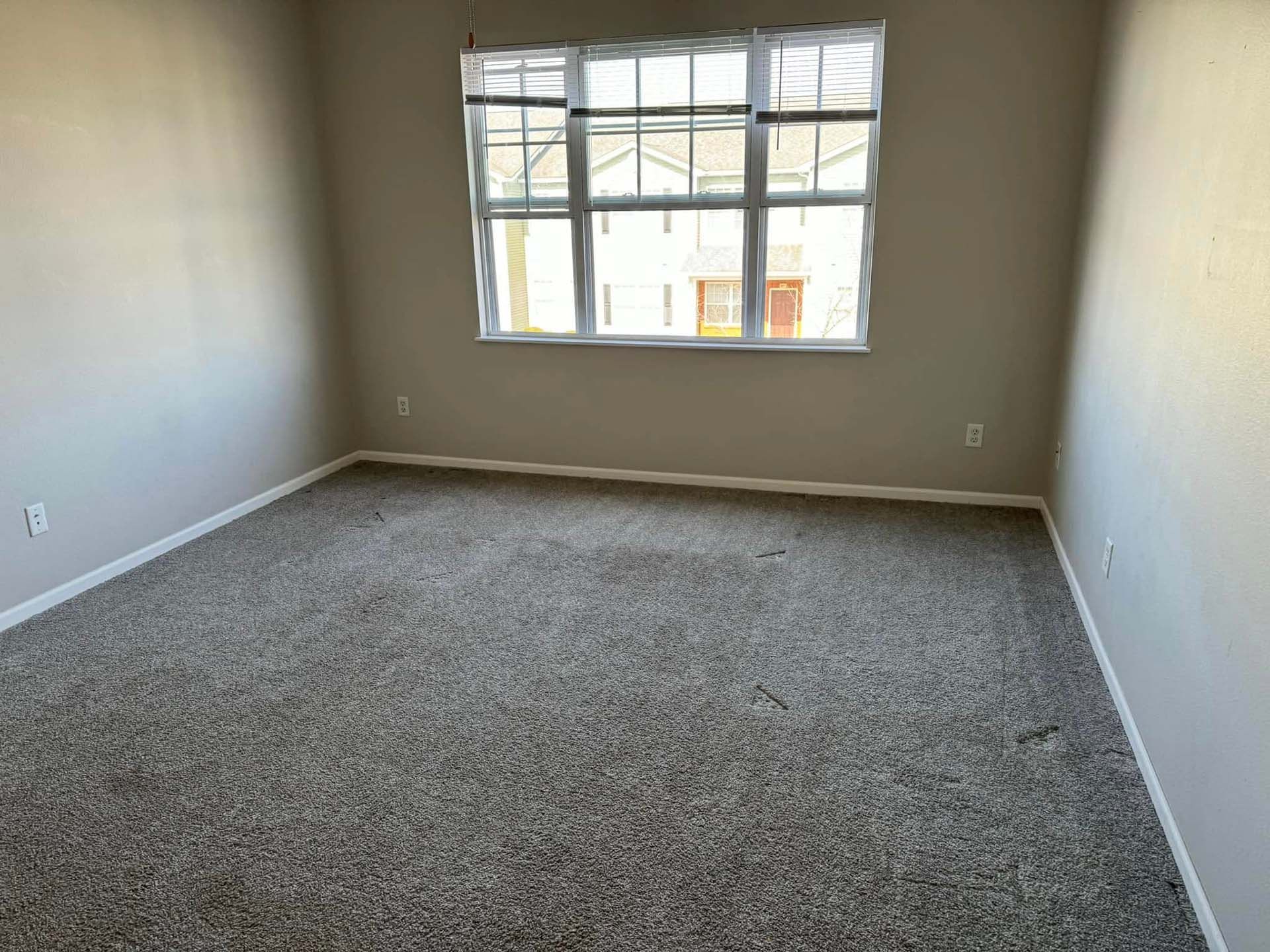 An empty room with a window and a clean carpet