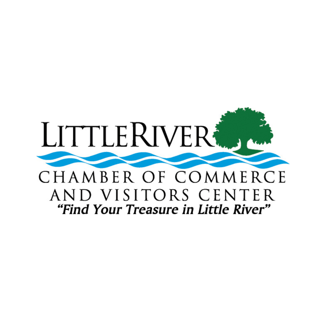 Logo for Little River Chamber of Commerce and Visitors Center with text and a tree over blue waves.