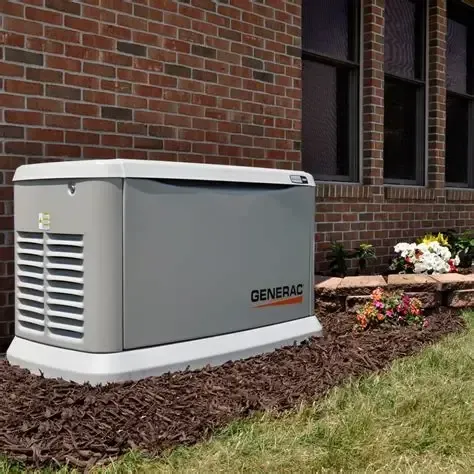 A Generac home generator sits next to a brick house with a flower bed. It is grey with a white base.