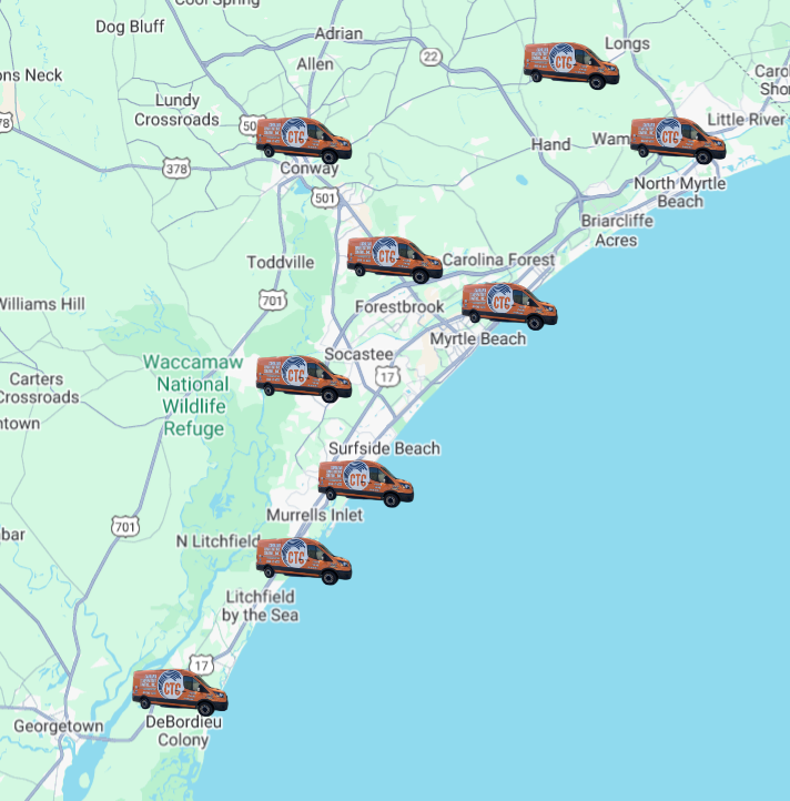 A map of the South Carolina coast with CTC's orange trucks on it