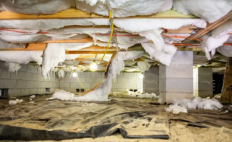 Torn and damaged insulation in the crawlspace