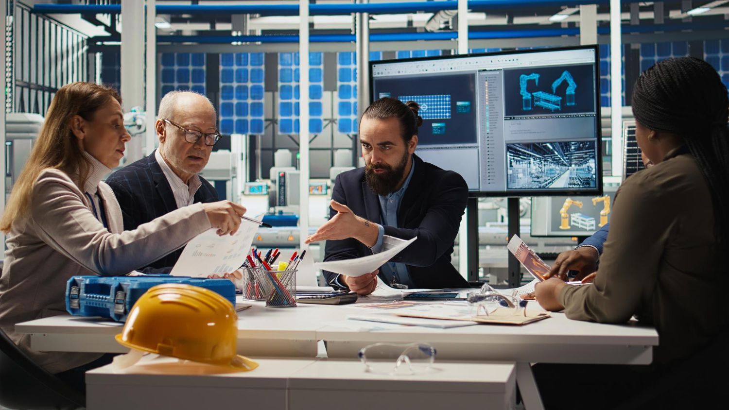 Engineers in a meeting, reviewing documents and screen with blueprints in a facility.